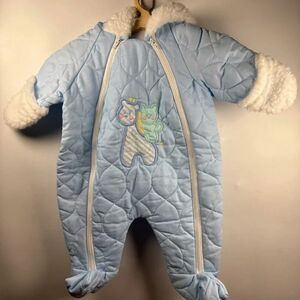 VTG Cuddle Time Quilted Sherpa Line Snowsuit Blue Baby 0-6 Months Footed Mittens
